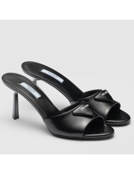 Cheap Reps Prada Heeled Sandals 75mm in Black Brushed Leather