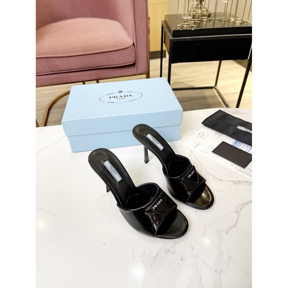 Cheap Reps Prada Heeled Sandals 75mm in Black Brushed Leather