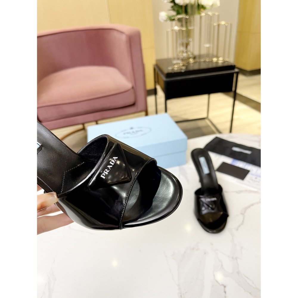 Cheap Reps Prada Heeled Sandals 75mm in Black Brushed Leather