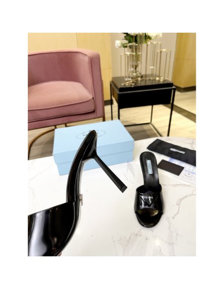 Cheap Reps Prada Heeled Sandals 75mm in Black Brushed Leather