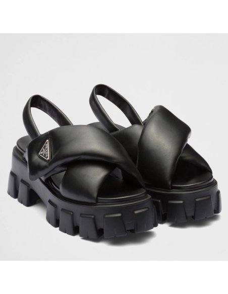 Cheap Reps Prada Monolith Padded Sandals In Black Nappa Leather