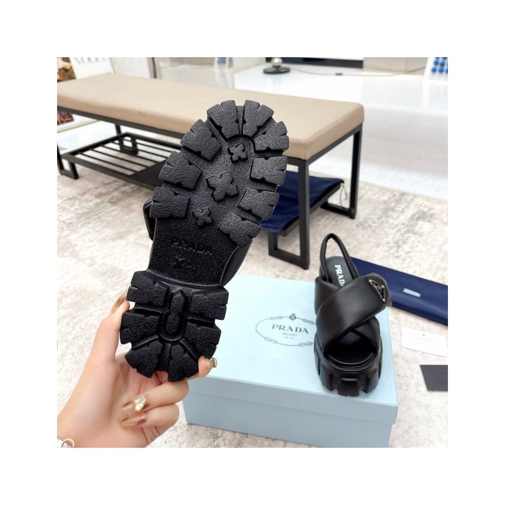Cheap Reps Prada Monolith Padded Sandals In Black Nappa Leather