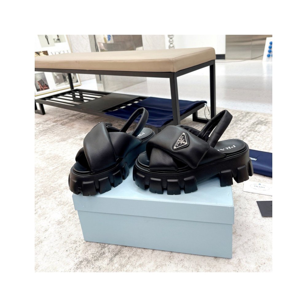 Cheap Reps Prada Monolith Padded Sandals In Black Nappa Leather