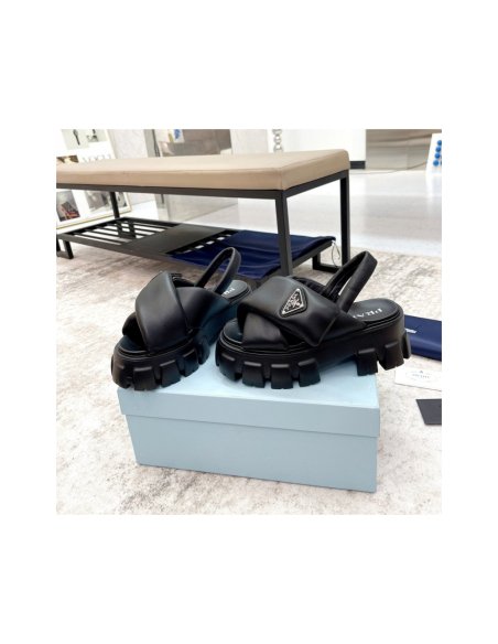 Cheap Reps Prada Monolith Padded Sandals In Black Nappa Leather