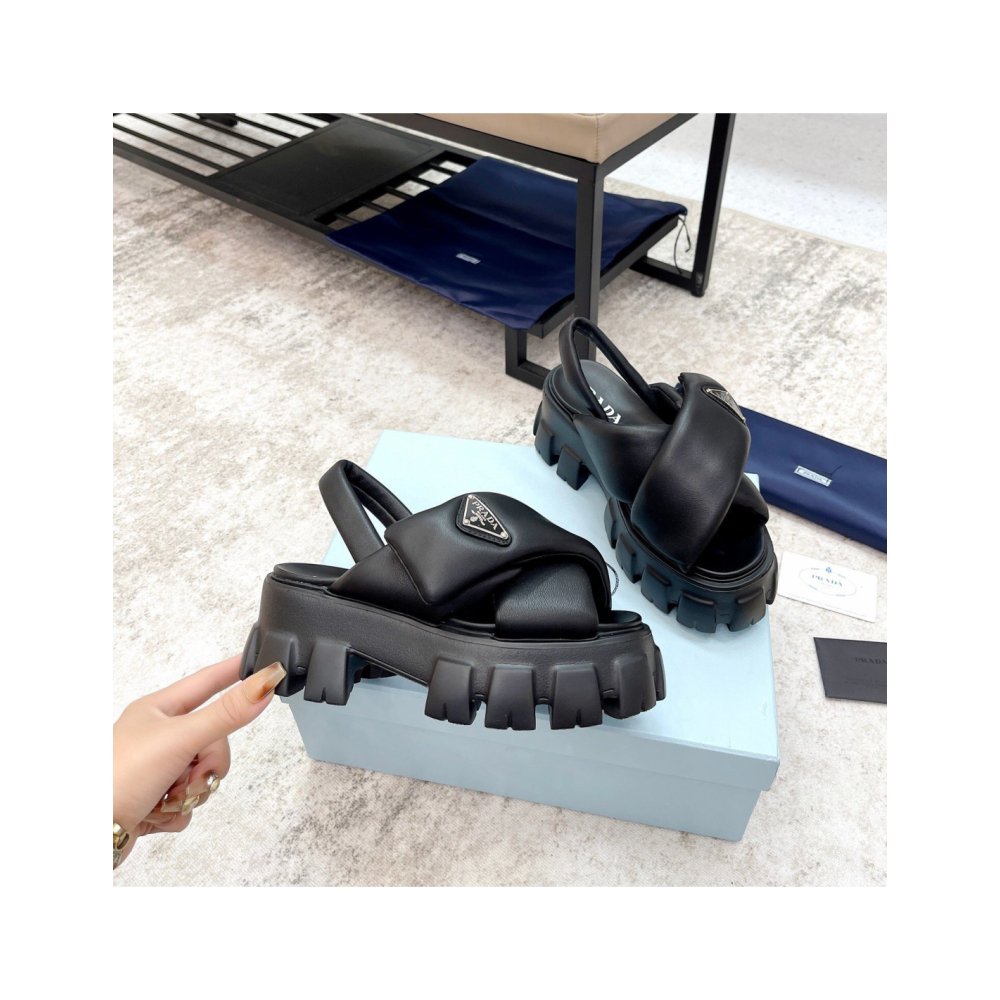Cheap Reps Prada Monolith Padded Sandals In Black Nappa Leather