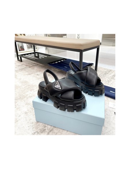 Cheap Reps Prada Monolith Padded Sandals In Black Nappa Leather