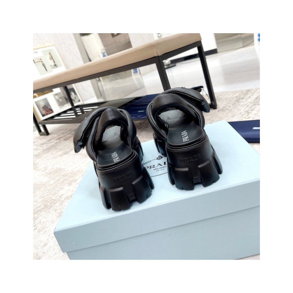 Cheap Reps Prada Monolith Padded Sandals In Black Nappa Leather