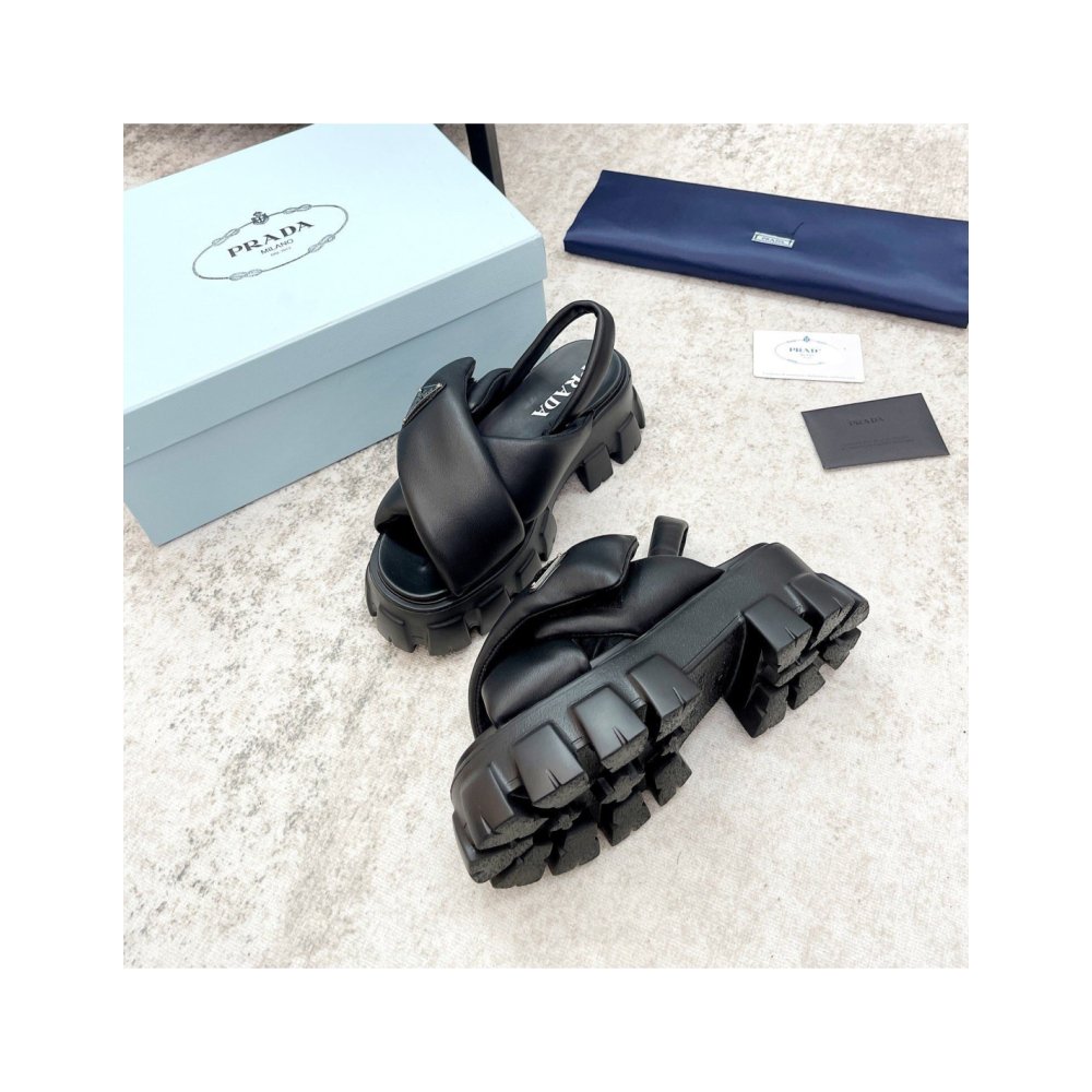Cheap Reps Prada Monolith Padded Sandals In Black Nappa Leather