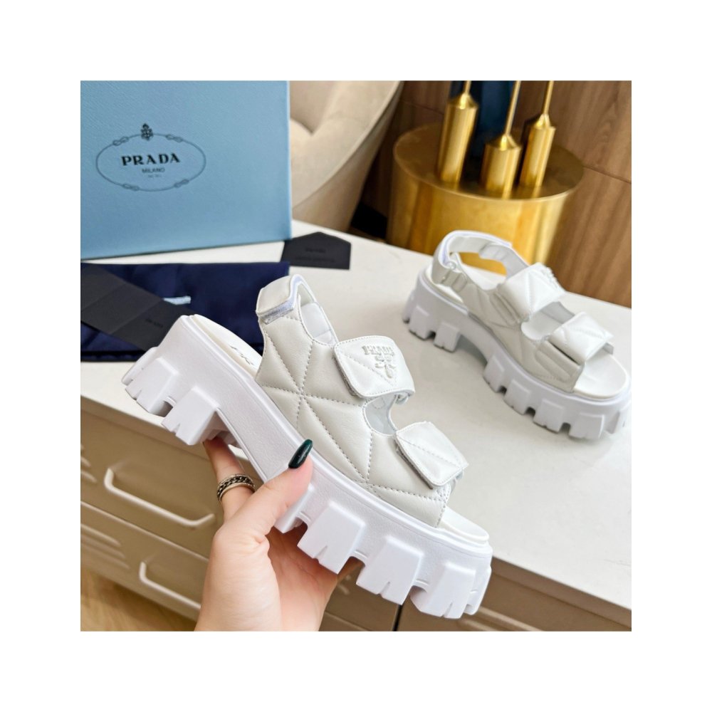 Cheap Reps Prada Monolith Flatform Sandals in White Nappa Leather