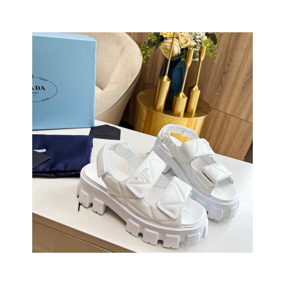 Cheap Reps Prada Monolith Flatform Sandals in White Nappa Leather