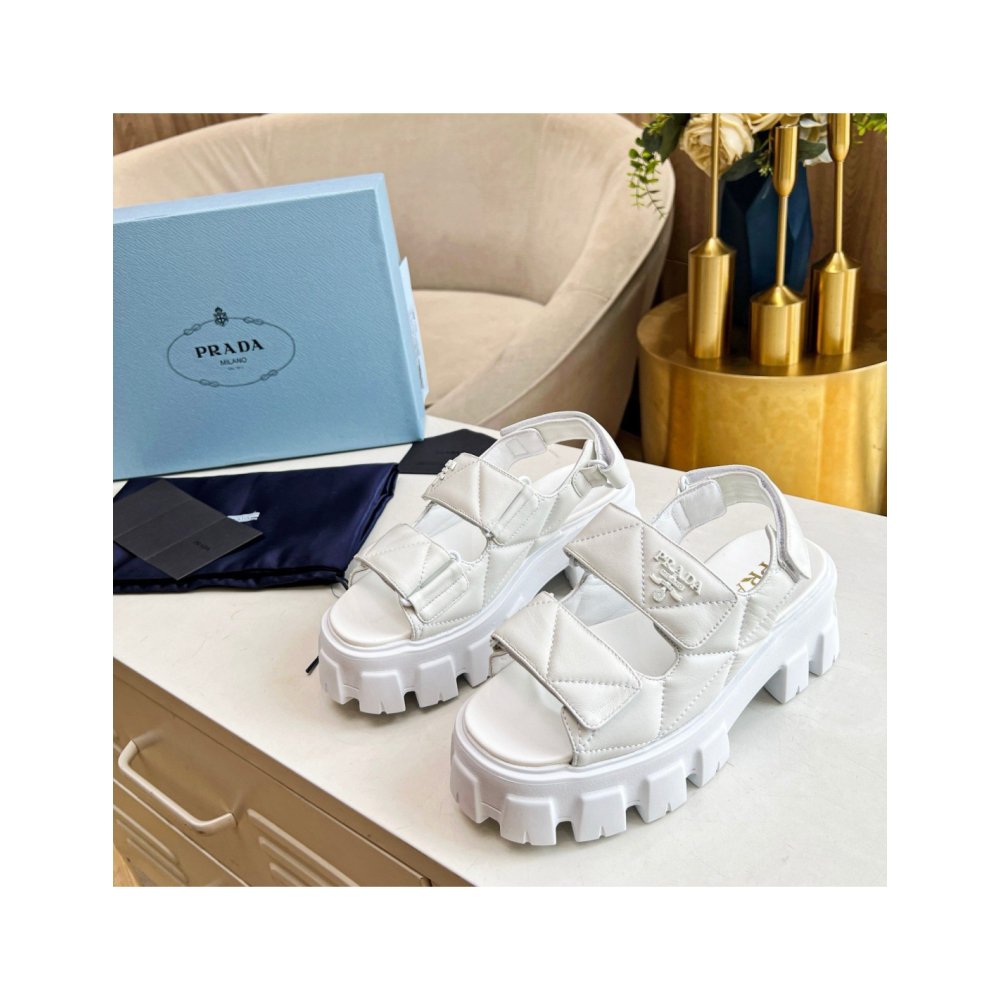 Cheap Reps Prada Monolith Flatform Sandals in White Nappa Leather