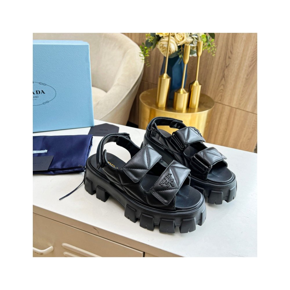 Cheap Reps Prada Monolith Flatform Sandals in Black Nappa Leather
