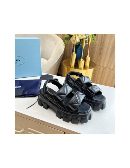 Cheap Reps Prada Monolith Flatform Sandals in Black Nappa Leather