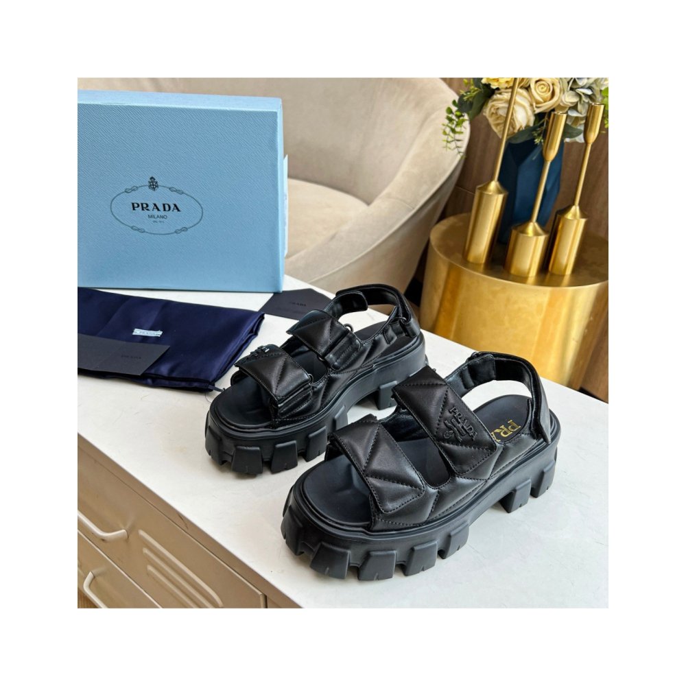 Cheap Reps Prada Monolith Flatform Sandals in Black Nappa Leather