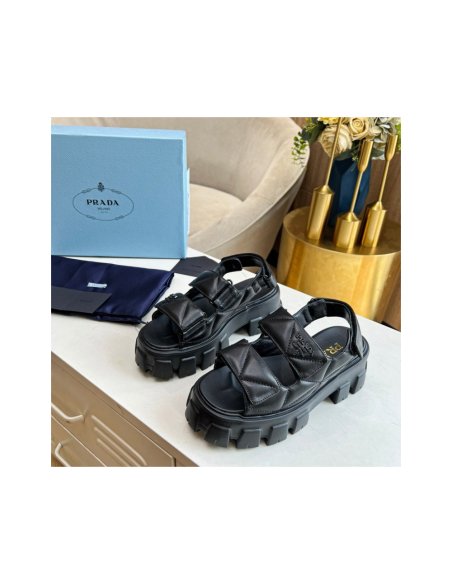 Cheap Reps Prada Monolith Flatform Sandals in Black Nappa Leather