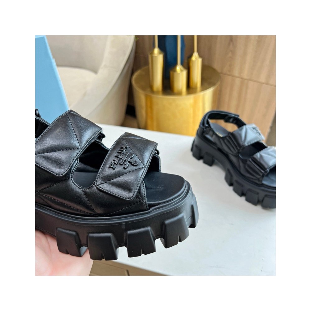 Cheap Reps Prada Monolith Flatform Sandals in Black Nappa Leather