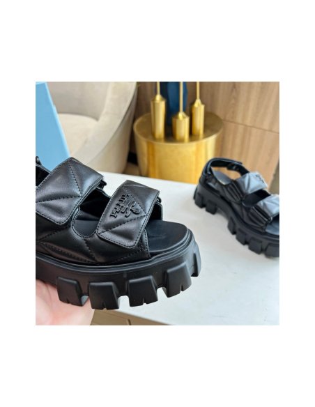 Cheap Reps Prada Monolith Flatform Sandals in Black Nappa Leather