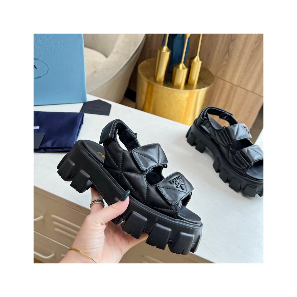 Cheap Reps Prada Monolith Flatform Sandals in Black Nappa Leather