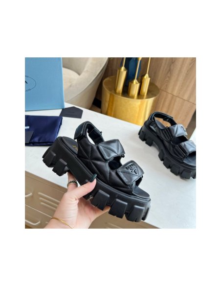 Cheap Reps Prada Monolith Flatform Sandals in Black Nappa Leather