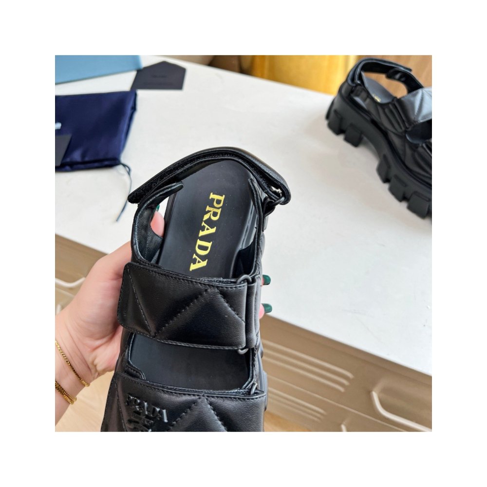 Cheap Reps Prada Monolith Flatform Sandals in Black Nappa Leather