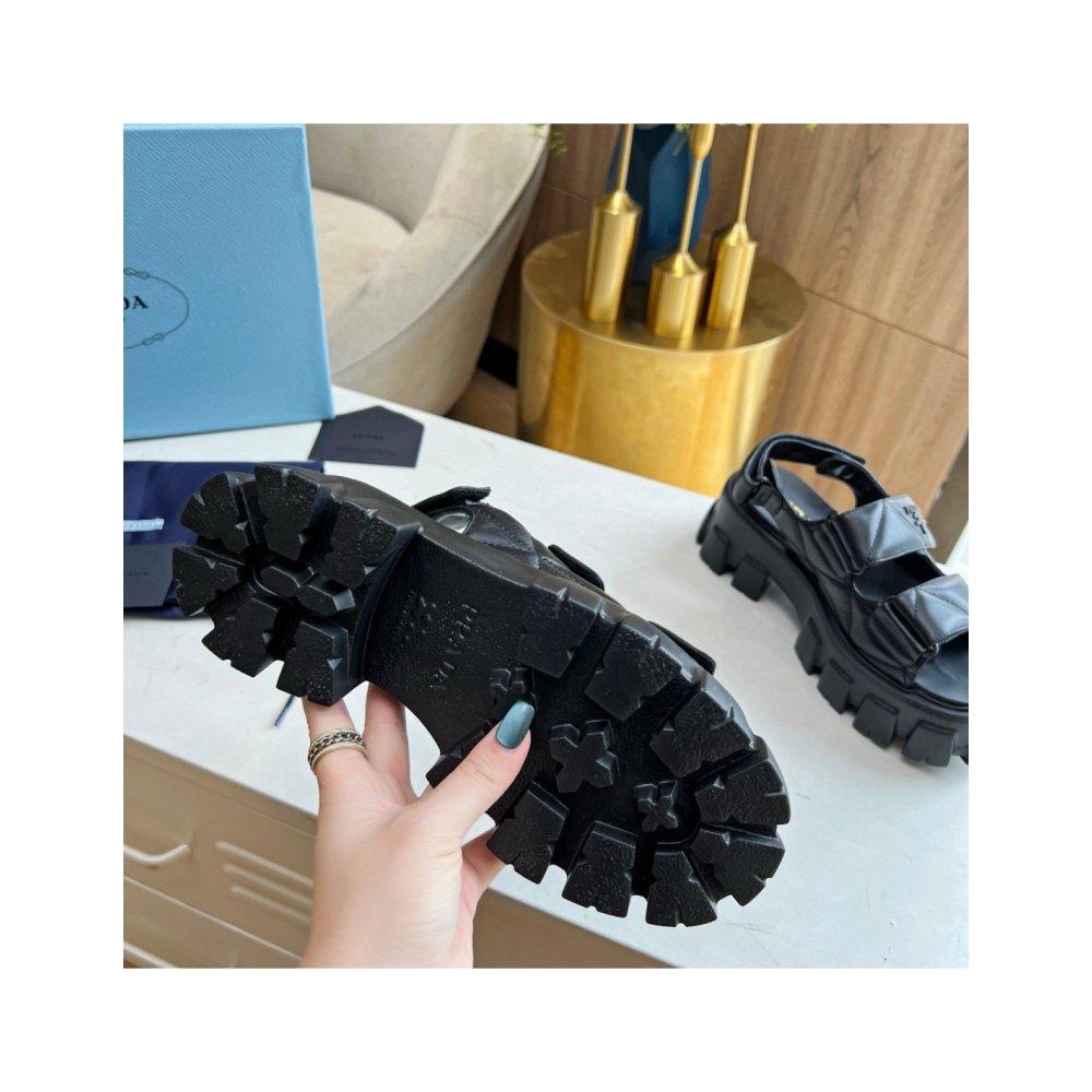 Cheap Reps Prada Monolith Flatform Sandals in Black Nappa Leather