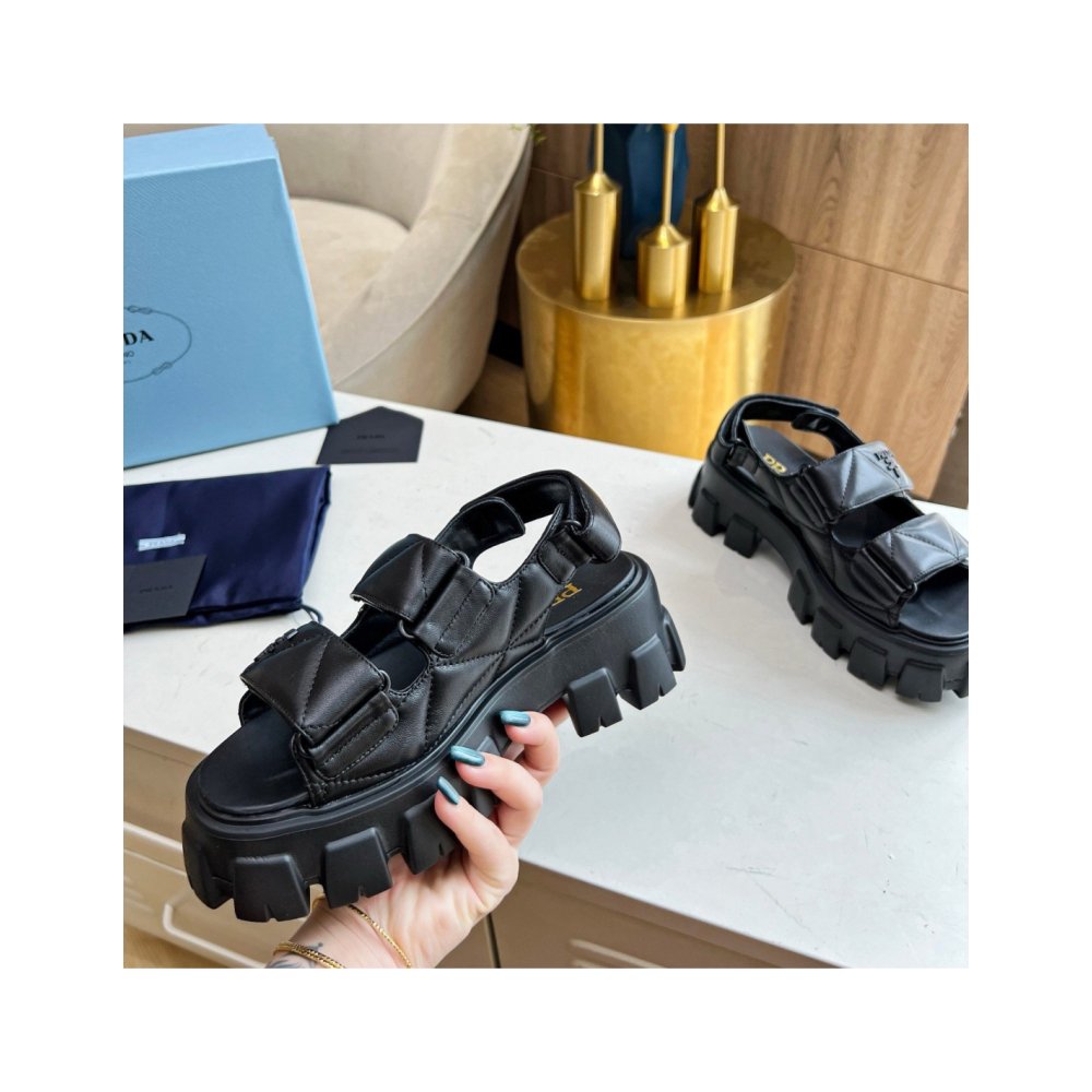 Cheap Reps Prada Monolith Flatform Sandals in Black Nappa Leather