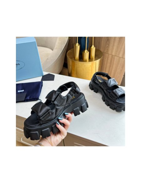 Cheap Reps Prada Monolith Flatform Sandals in Black Nappa Leather