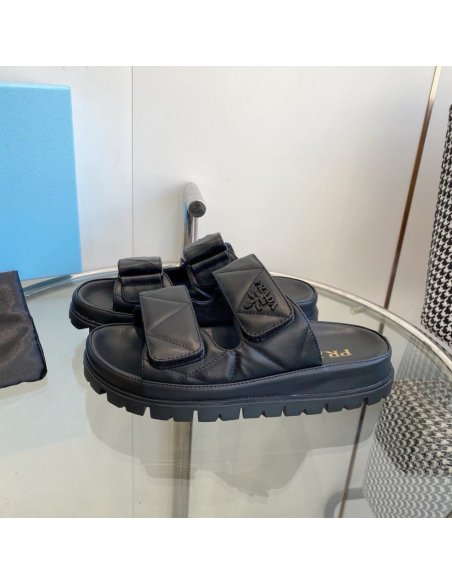 Cheap Reps Prada Womens Sandals in Black Padded Nappa Leather