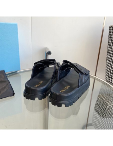 Cheap Reps Prada Womens Sandals in Black Padded Nappa Leather