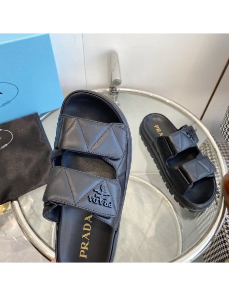 Cheap Reps Prada Womens Sandals in Black Padded Nappa Leather
