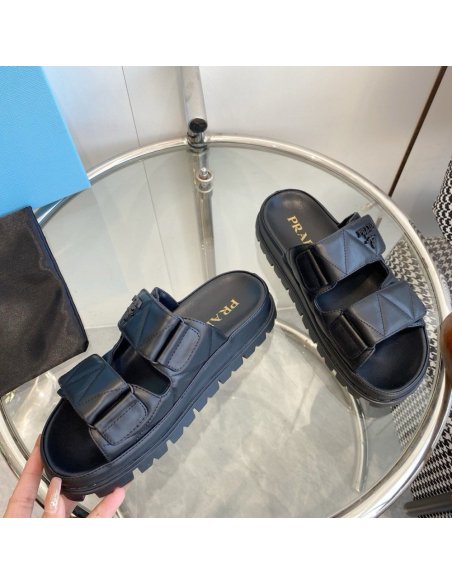 Cheap Reps Prada Womens Sandals in Black Padded Nappa Leather