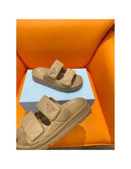 Cheap Reps Prada Womens Sandals in Beige Padded Nappa Leather