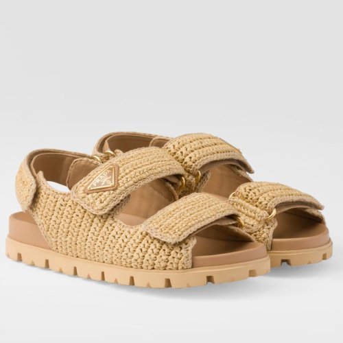 Cheap Reps Prada Womens Crochet Sandals in Natural Raffia