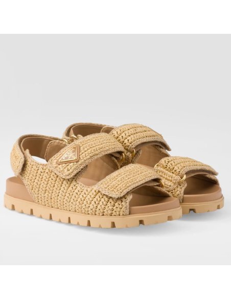Cheap Reps Prada Womens Crochet Sandals in Natural Raffia