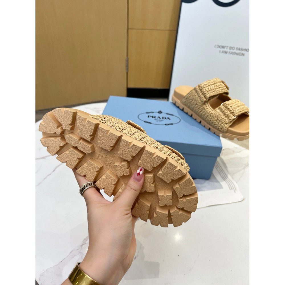 Cheap Reps Prada Womens Crochet Sandals in Natural Raffia