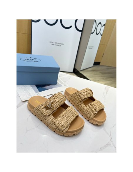 Cheap Reps Prada Womens Crochet Sandals in Natural Raffia