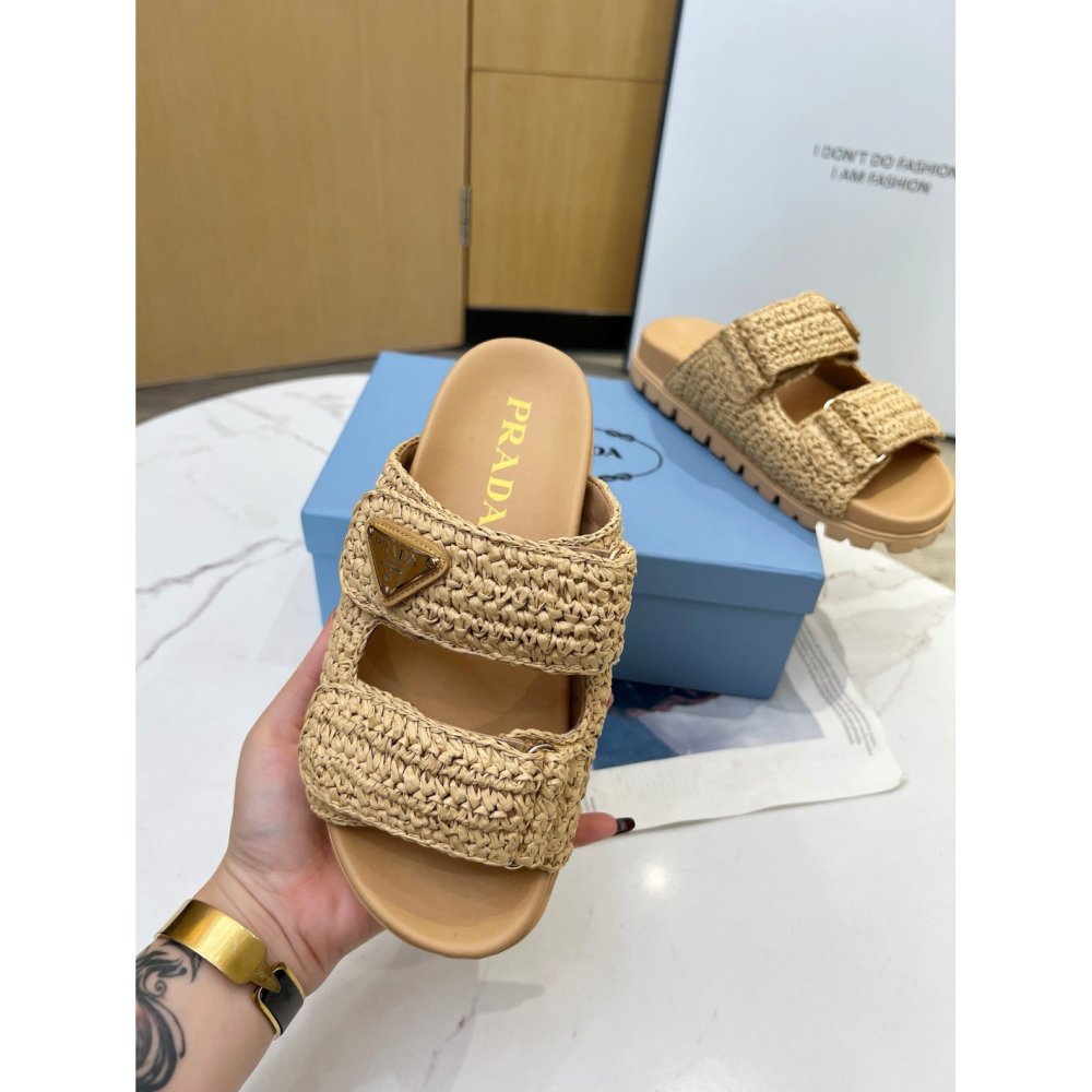 Cheap Reps Prada Womens Crochet Sandals in Natural Raffia