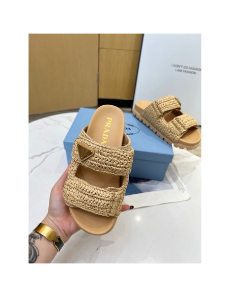 Cheap Reps Prada Womens Crochet Sandals in Natural Raffia