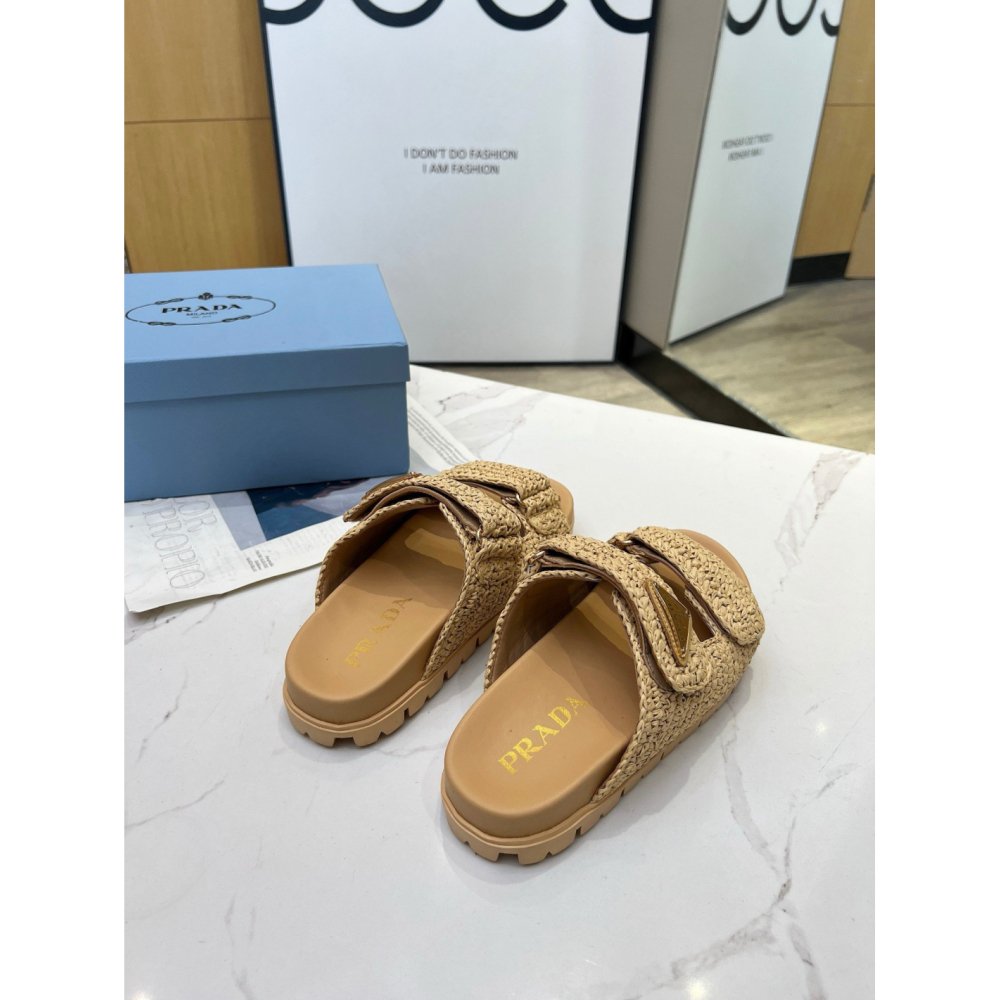 Cheap Reps Prada Womens Crochet Sandals in Natural Raffia