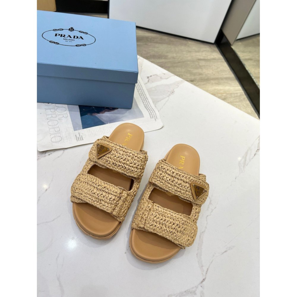 Cheap Reps Prada Womens Crochet Sandals in Natural Raffia