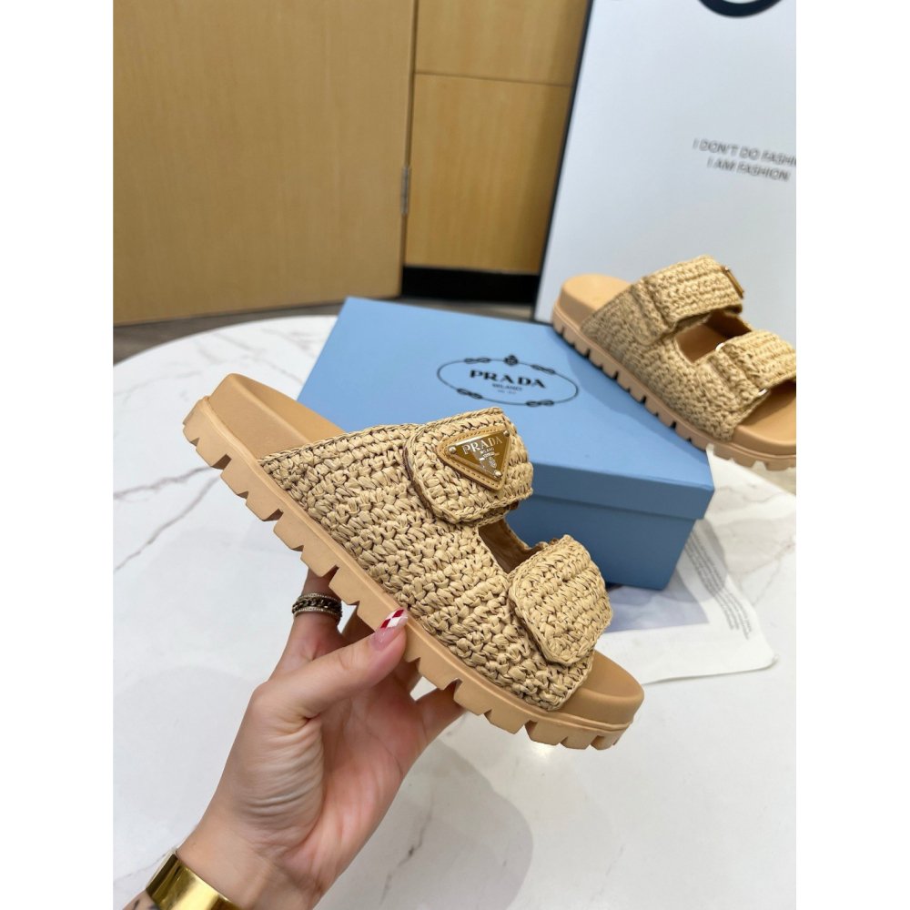 Cheap Reps Prada Womens Crochet Sandals in Natural Raffia