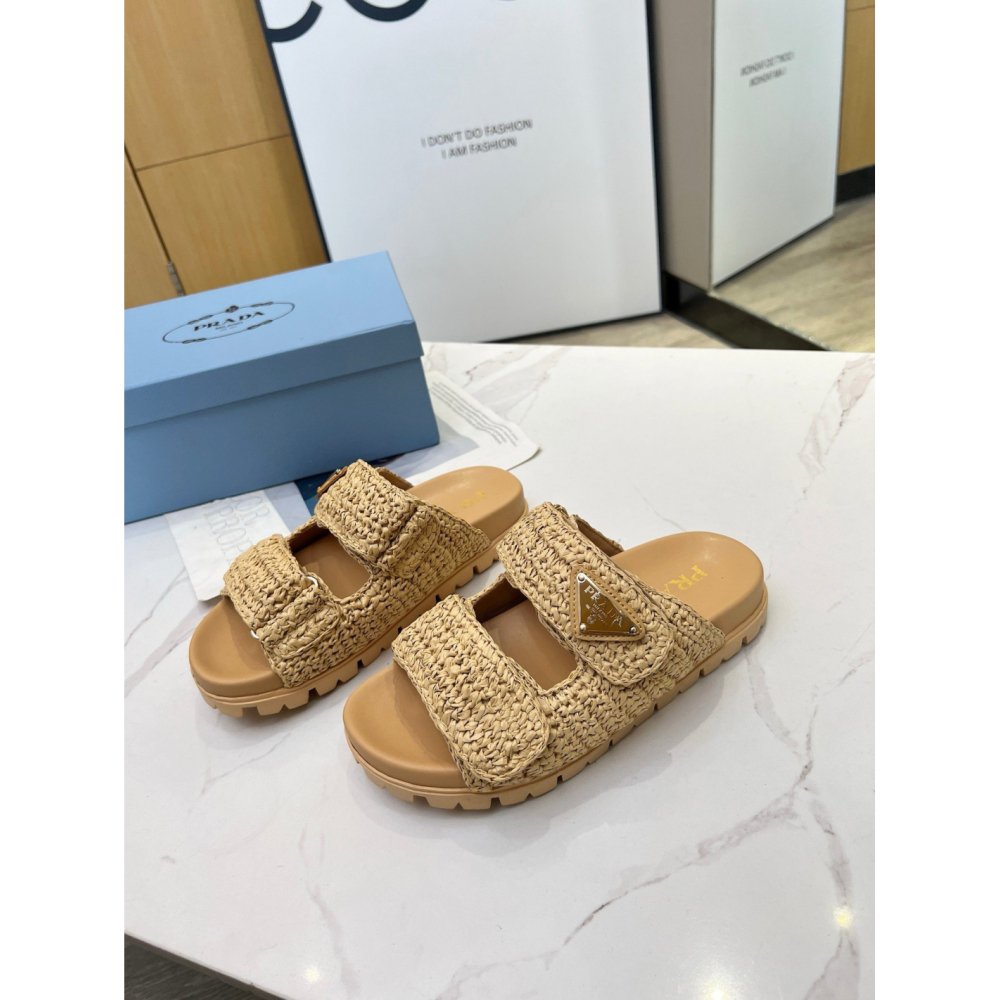 Cheap Reps Prada Womens Crochet Sandals in Natural Raffia