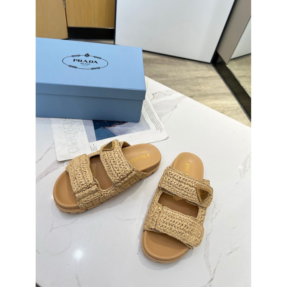 Cheap Reps Prada Womens Crochet Sandals in Natural Raffia