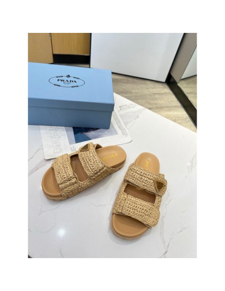 Cheap Reps Prada Womens Crochet Sandals in Natural Raffia