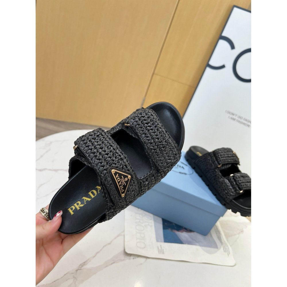 Cheap Reps Prada Womens Crochet Sandals in Black Raffia