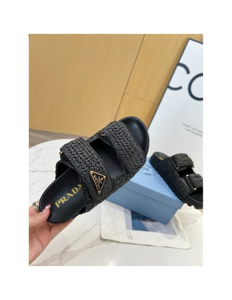 Cheap Reps Prada Womens Crochet Sandals in Black Raffia