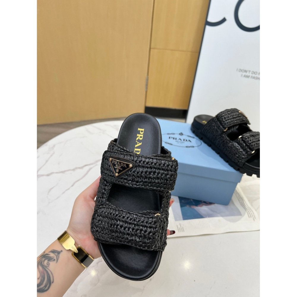 Cheap Reps Prada Womens Crochet Sandals in Black Raffia