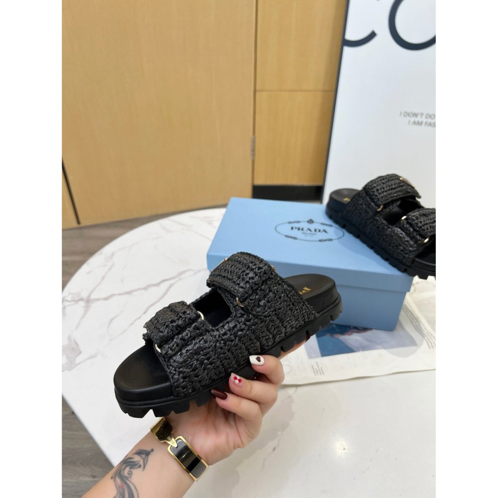 Cheap Reps Prada Womens Crochet Sandals in Black Raffia