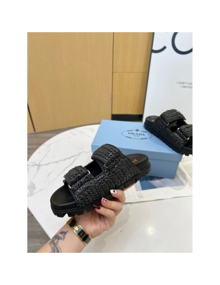Cheap Reps Prada Womens Crochet Sandals in Black Raffia