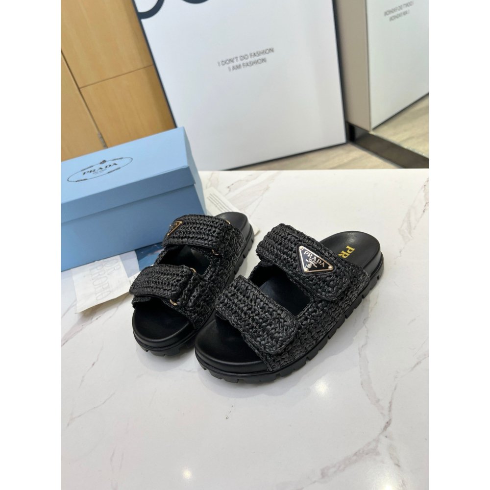 Cheap Reps Prada Womens Crochet Sandals in Black Raffia